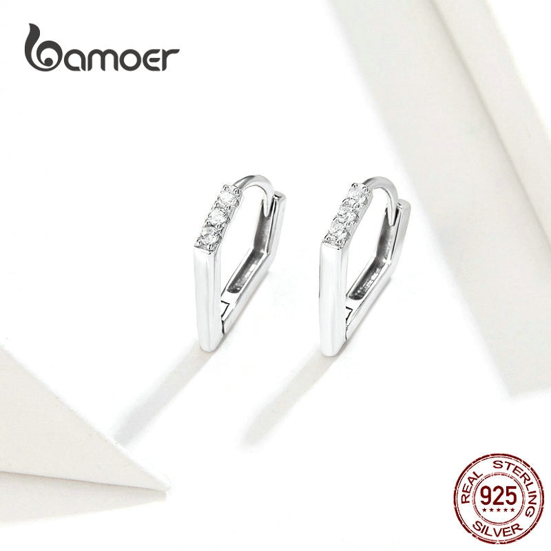 bamoer V Shape Hoop Earrings Hiphop Silver Earrings for Women Men Authentic 925 Sterling Silver Punk Fashion Jewelry BSE162