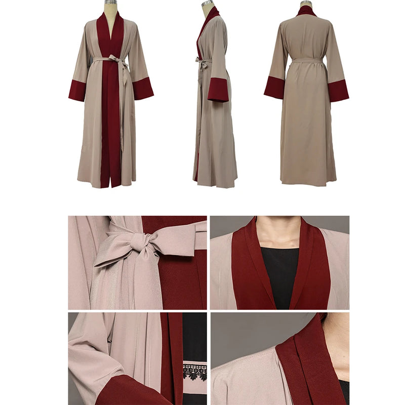 Women Elegant Modest Muslim Islamic Full Length Open Front Abayas for Women Long Sleeve Red Abaya Dress Belted Plus Size