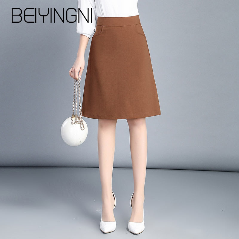 Beiyingni Office Lady Skirts Black Pockets Elastic High Waist Skirt OL Korean Casual Slim Work Wear Midi Skirts Fashion Clothing