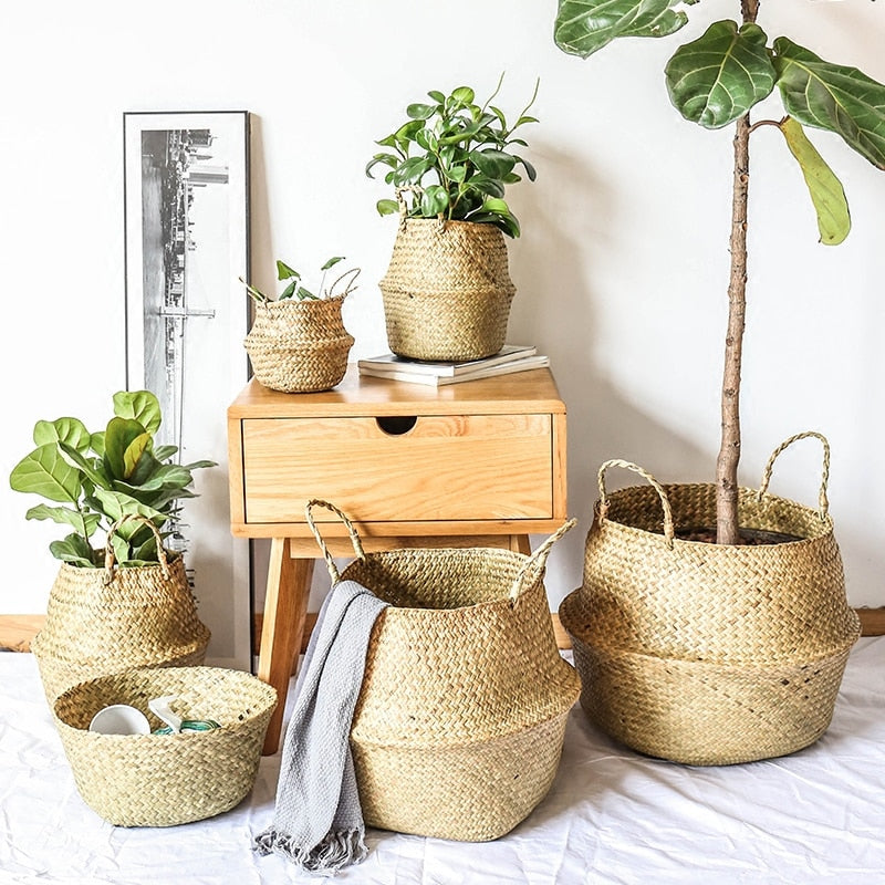 Handmade Bamboo Storage Basket Folding Clthoes Laundry Basket Straw Wicker Rattan Seagrass Belly Garden Flower Pot Plant Basket
