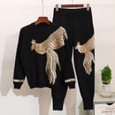2020 Herbst Winter Gestrickter Damen-Trainingsanzug Pailletten Perlen Phönix Langarm Lockerer Pullover + Freizeithose Zweiteiler D1281