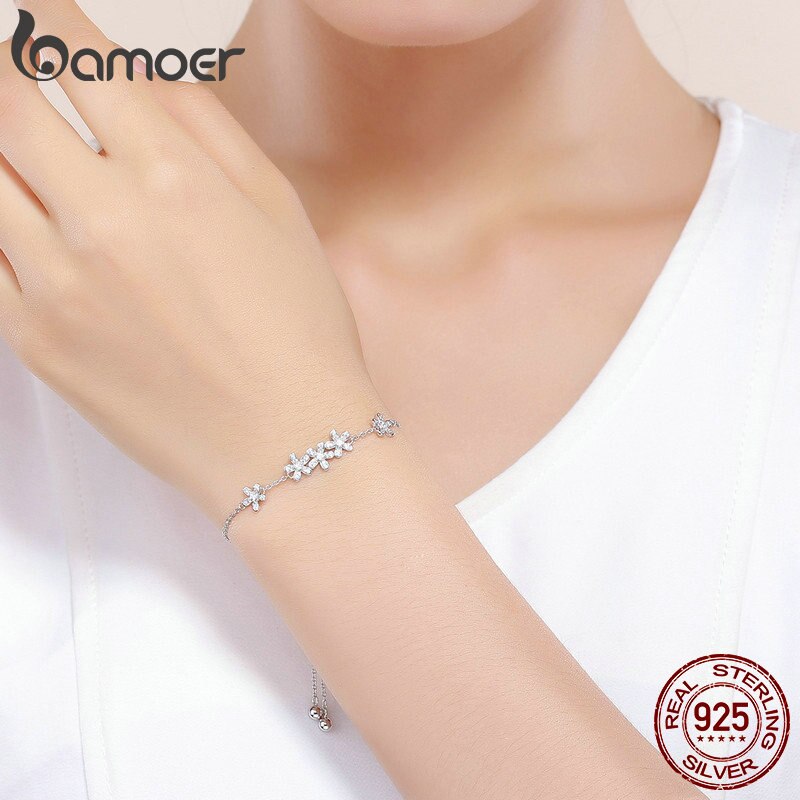 BAMOER Genuine 925 Sterling Silver Luminous Daisy Flower Women Bracelets Clear CZ Fashion Bracelet Jewelry Making Gift SCB084