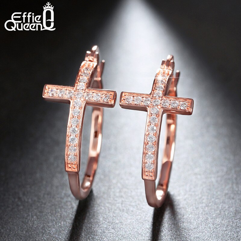 Effie Queen Hot Sale Big Hoop Earrings with CZ Diamonds Classic Cross Style Clip Design  Women&