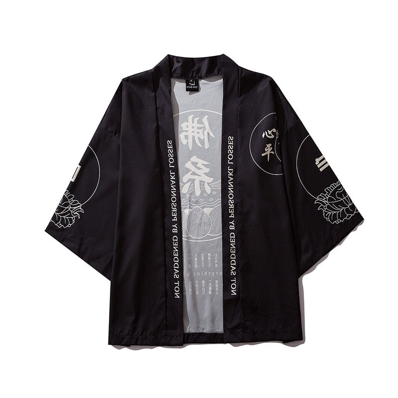 Japanese Kimono Men Cardigan Shirt Blouse Yukata Haori Obi Clothes Summer Printed Black Male Samurai Clothing