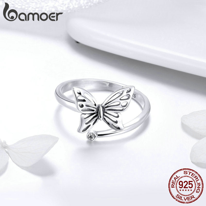 BAMOER Authentic 925 Sterling Silver Jewelry Set Vintage Butterfly Rings & Earrings Jewelry Sets Wedding Engagement Jewelry