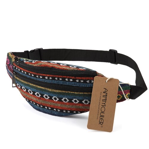 Annmouler New Women Fanny Pack 8 Colors Fabric Waist Packs Bohemian Style Waist Bag 2 Pocket Waist Belt Bag Travel Phone Pouch