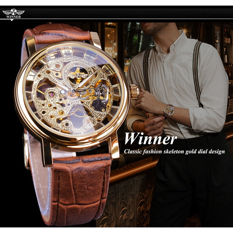 Winner Transparent Golden Case Luxury Casual Design Brown Leather Strap Mens Watches Top Brand Luxury Mechanical Skeleton Watch