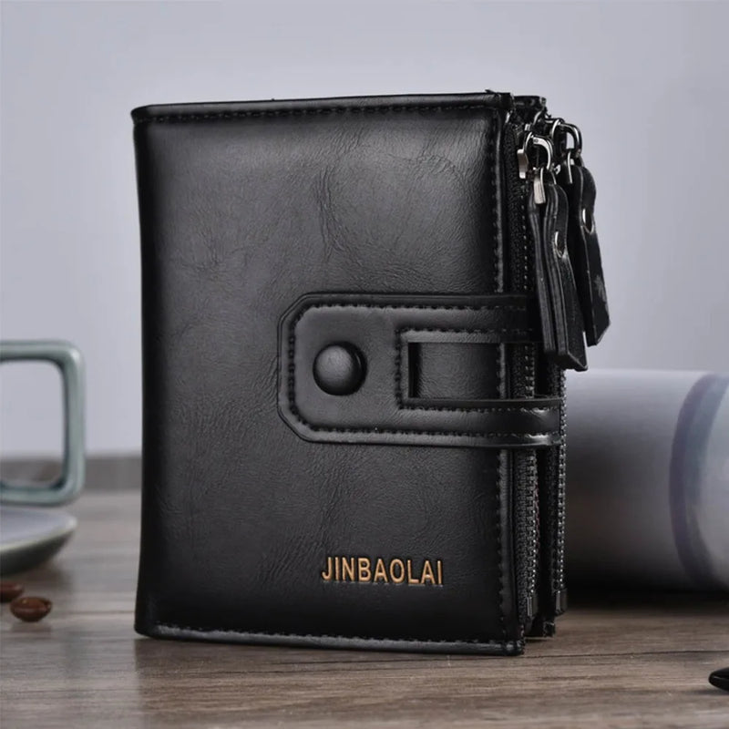 2022 Men Wallets Short PU Leather Double Zipper Hasp Men Purses Card Holder Coin Pocket Vintage High Quality Brand Men Wallets