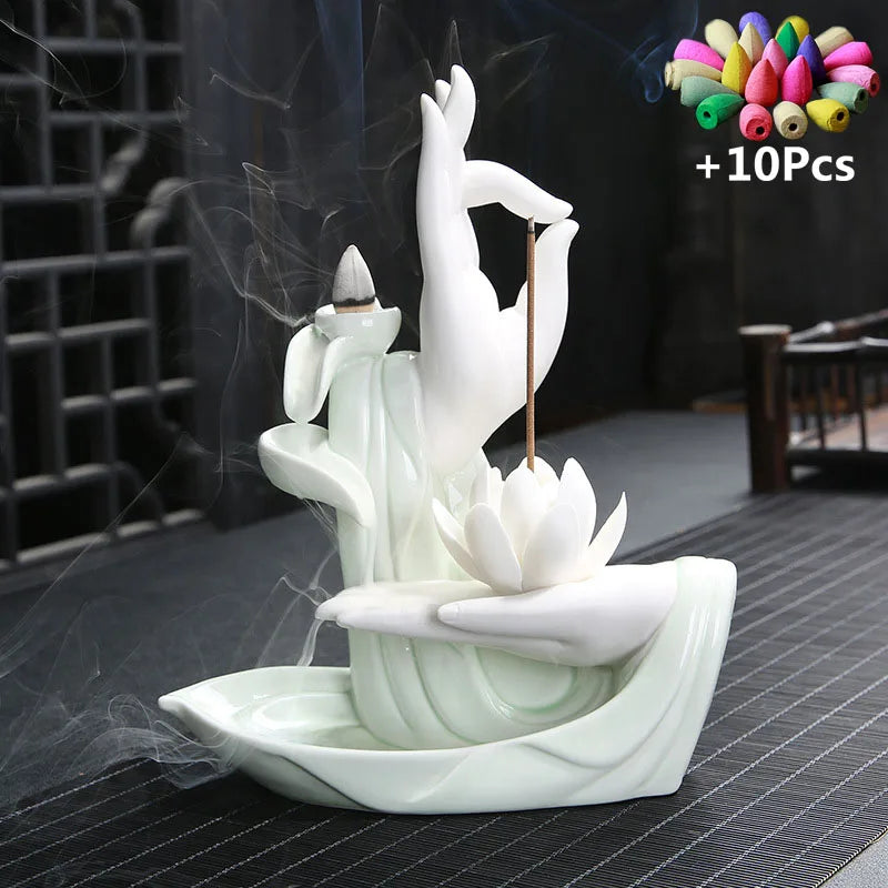 Gift 10Cones White Ceramic Incense Censer Buddha Hand Backflow Incense Burner Lotus Incense Stick Holder