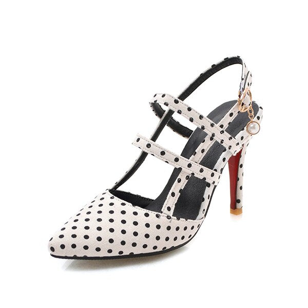 Shoes Woman Polka dot Pointed Toe Sandals Slip on High Heel Slides buckle pump Summer zapatos mujer Black white mixed color