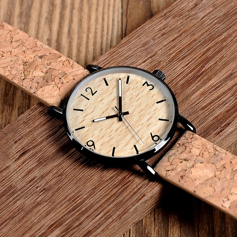 BOBO BIRD Mens Watches Wood Grain Dial Stainless Steel Case Quartz Watch with Soft Cork Bandfor Men as Gift Item