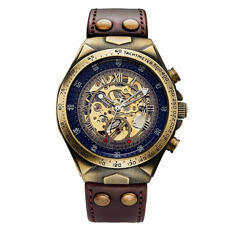 SHENHUA Motorcycle New Design Transparent Genuine Bronze Belt Waterproof Skeleton Men Automatic Watches Top Brand Luxury Clock