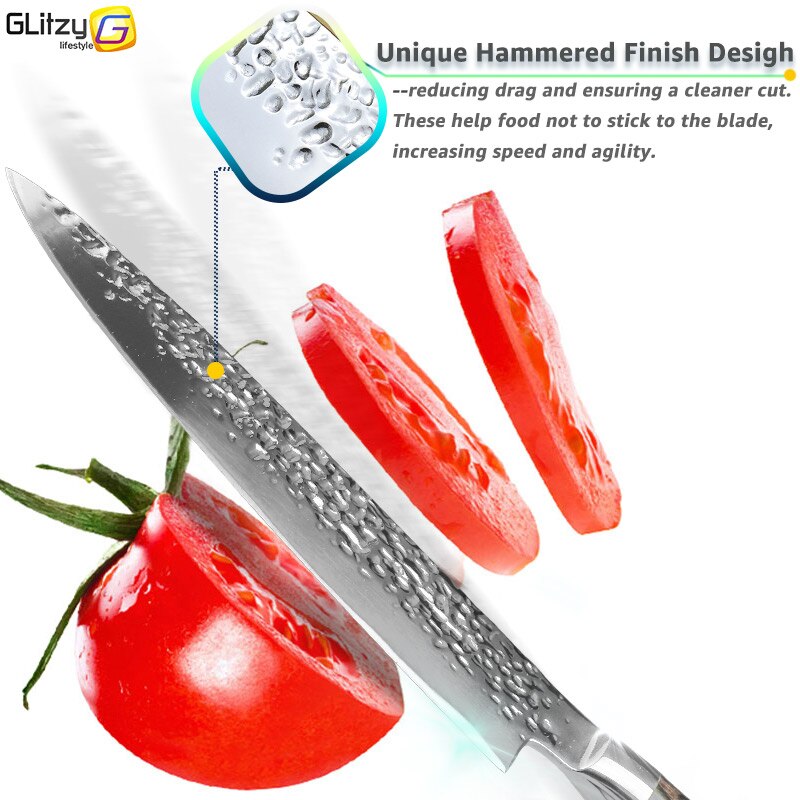 Kitchen Knife Japanese Chef Knives Set 7CR17 High Carbon Stainless Steel Full Tang Hammer Pattern Meat Cleaver Utility Santoku K