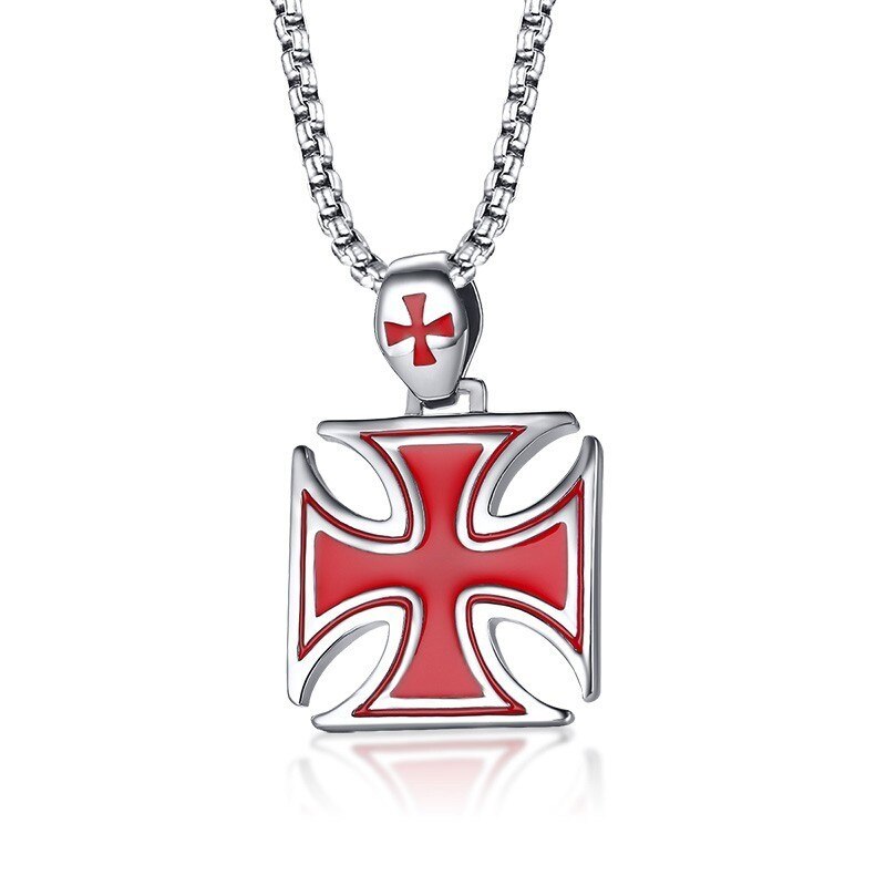 Men Necklace Red Iron Cross Knight Kinghts Templar Pendant Stainless Steel Crusader Male Jewelry