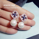 Fashion Vintage Flower Blue Water Drop Earrings Women Crystal Stone Long Tassel Earrings Cubic Zirconia Pearl Women Earrings