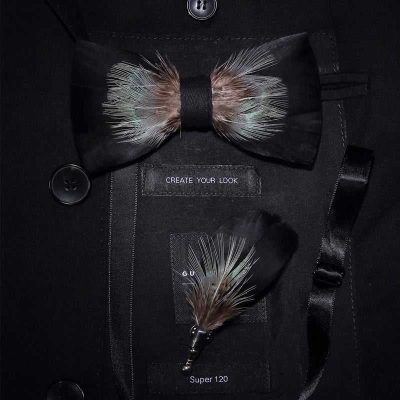 JEMYGINS Original Design Natural Brid Feather Exquisite Hand Made Bow Tie Brooch Pin Gift Box Set For Men Wedding Party Bowtie