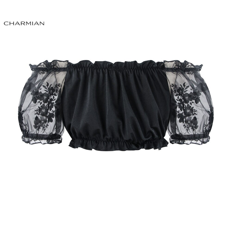 Charmian Sexy Summer Black Off Shoulder Crop Top Victorian Gothic Lolita Floral Lace Short Top White Women Short Sleeve Clothes