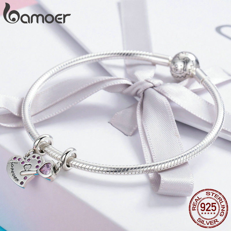 BAMOER Romantic 925 Sterling Silver Lock Key of Heart Pink CZ Charm Pendant fit Charm Bracelet Jewelry Girlfriend Gift SCC638