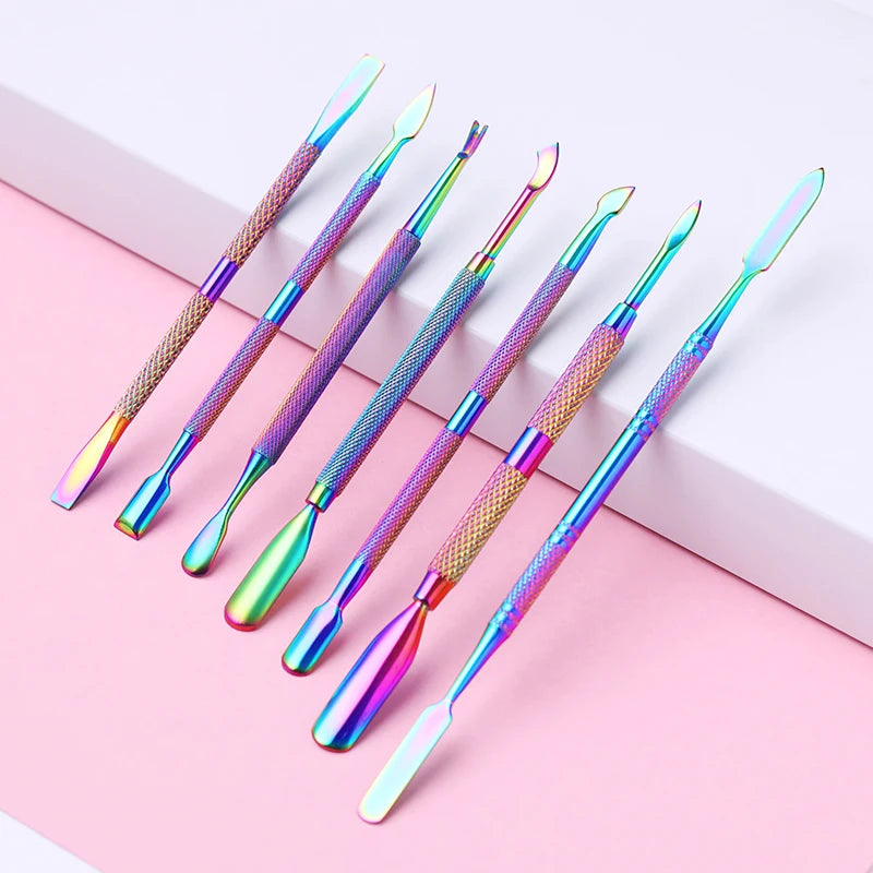 LILYCUTE Dual-ended Nail Cuticle Pusher Colorful Stainless Steel Iridescent Cuticle Dead Skin Remover UV Gel Nail Tools