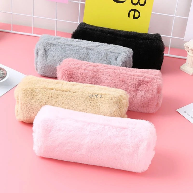 Solid Color Plush Pencil Case School Pencil Cases Bag Stationery For Girls School Supplies Tools