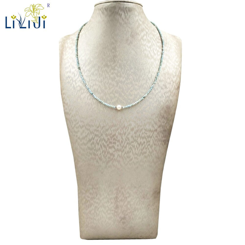 LiiJi Unique  Blue Larimar 2mm/3-4mm Freshwater Pearl 925 Sterling Silver Choker Necklace