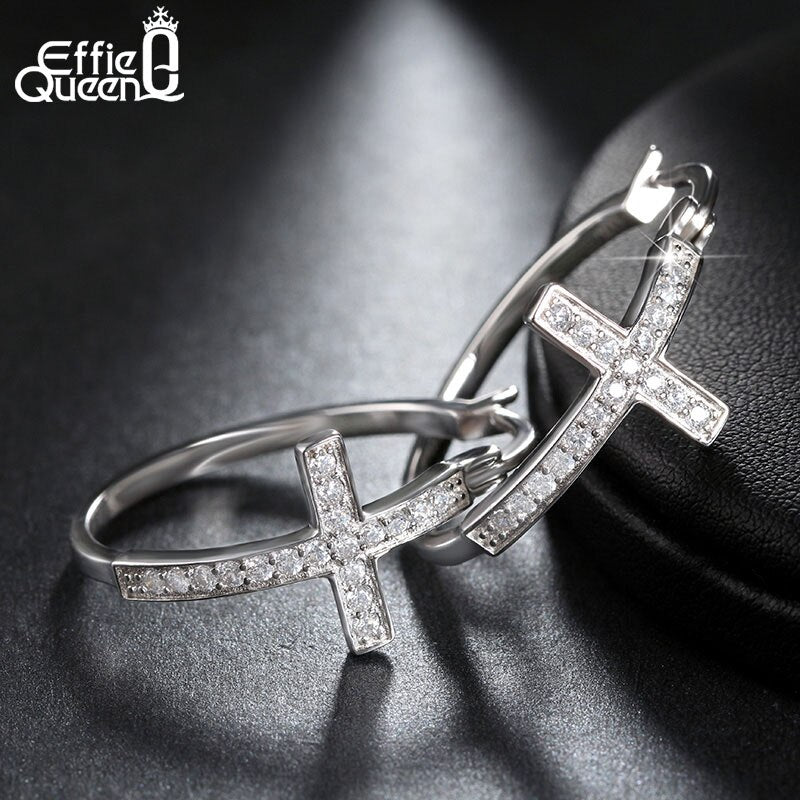 Effie Queen Hot Sale Big Hoop Earrings with CZ Diamonds Classic Cross Style Clip Design  Women&