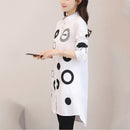 Women Letter Dot Embroidery Long White Blouse Full Sleeve Female Front Short Back Long Shirt Stand Collar 4XL Oversize Top T9642