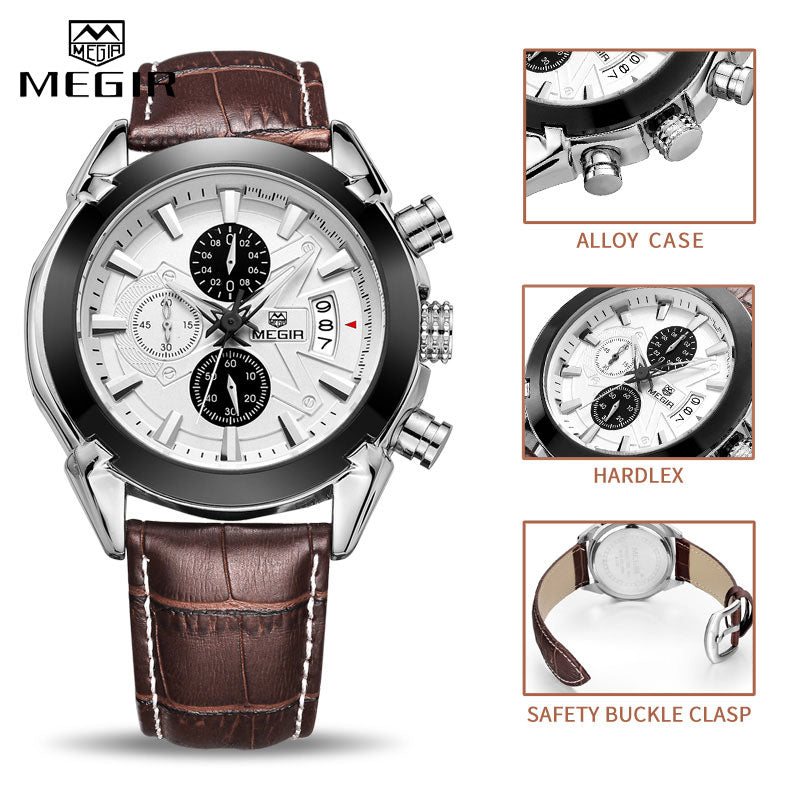 MEGIR Genuine Black Genuine Leather Watches Men Luxury Brand Quartz  Watch racing men Students Game Run Chronograph Wristwatches