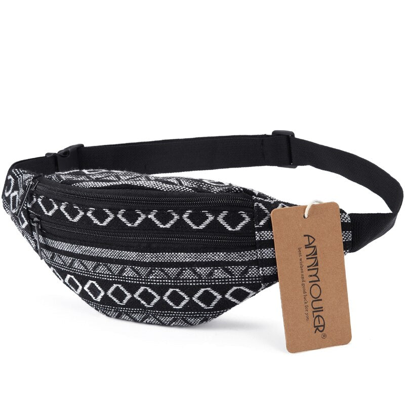 Annmouler New Women Fanny Pack 8 Colors Fabric Waist Packs Bohemian Style Waist Bag 2 Pocket Waist Belt Bag Travel Phone Pouch