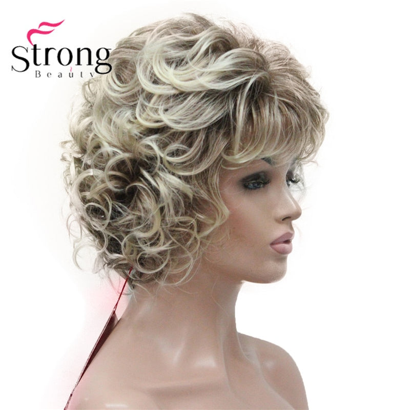 StrongBeauty Short Wig Soft Tousled Curls Blonde Highlights Full Synthetic Wigs COLOUR CHOICES