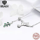 BISAER 925 Sterling Silver Hummingbird Pendant Necklace Green Leaf Adjustable Chain 14K Gold Plated For Women Fine Jewelry ECN21