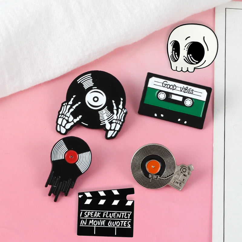 Punk Music Lovers Pin Skeleton DJing Vinyl Record Player Enamel Pin Badge Tape Lapel Pins Brooches Shirt Bag Cool Gothic Jewelry