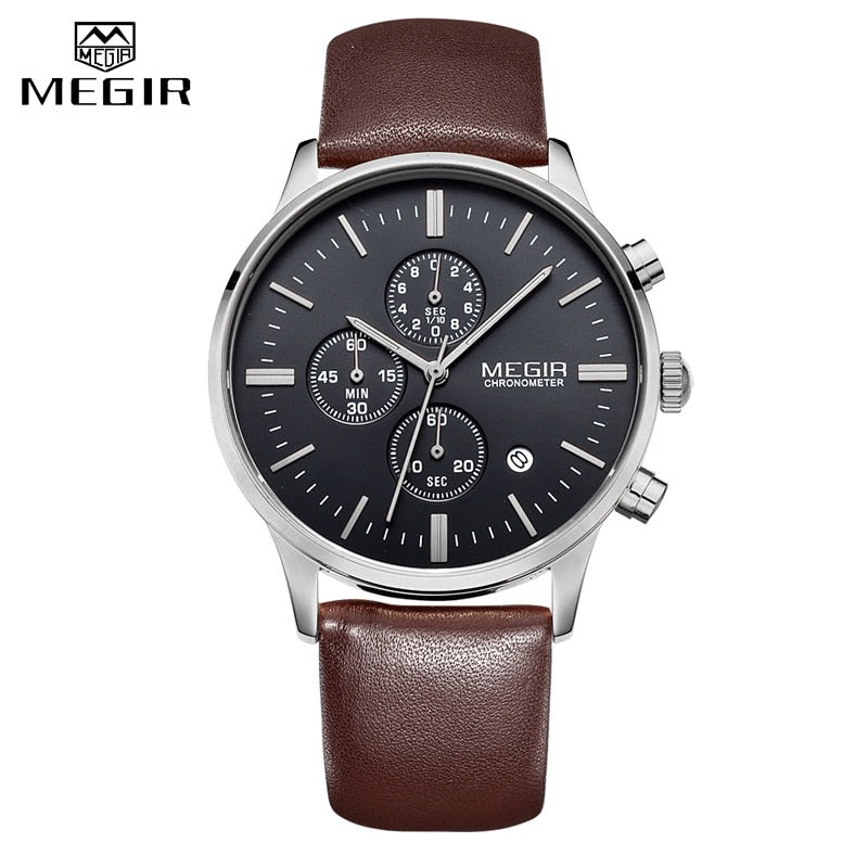 MEGIR Luxury Casual Men Watches Leather Strap Quartz Chronograph Top Brand Watch Military Sport Men relogio feminino Waterproof