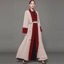 Women Elegant Modest Muslim Islamic Full Length Open Front Abayas for Women Long Sleeve Red Abaya Dress Belted Plus Size