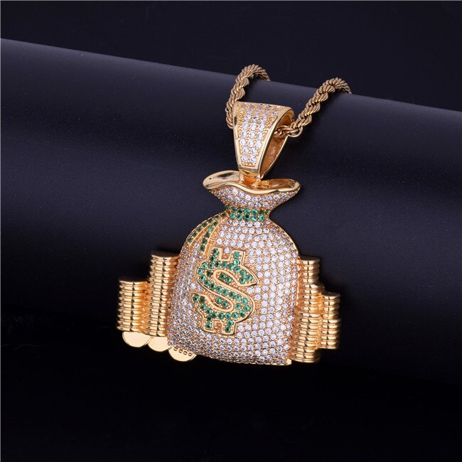 Money Bag Pendant Necklace Gold Color Cubic Zircon Men&