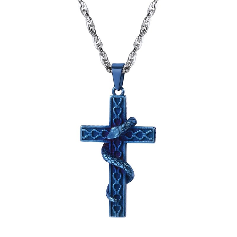 U7 Men 316L Stainless Steel Cross With Snake Pendant Necklaces Punk Gold-Color Animal Men's Chain Necklace Jewelry Gifts P1222