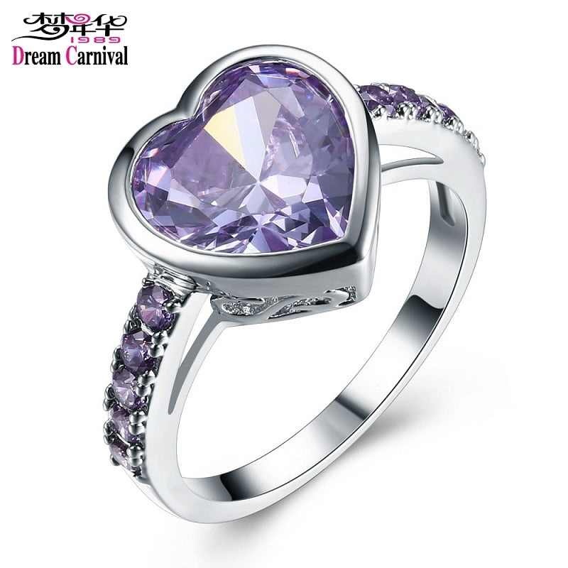 DreamCarnival 1989 Purple Lover Heart Zircon Rings for Women Party Ringen Anel Anniversary Gift Wholesales Amazing Price WA11316