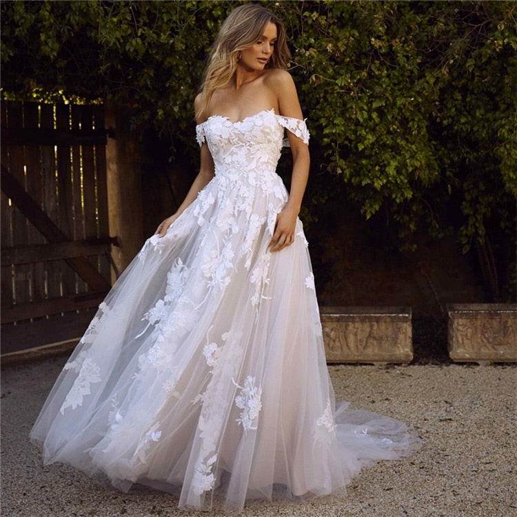 LORIE Lace Wedding Dresses 2020 Off the Shoulder Appliques A Line Bride Dress Princess Wedding Gown Free Shipping Robe De Mariee