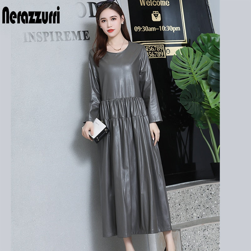 Nerazzurri Spring Casual Long Leather Dress Women Red Gray Black Maxi Elegant Pleated Faux Leather dress long sleeve Fall 2021