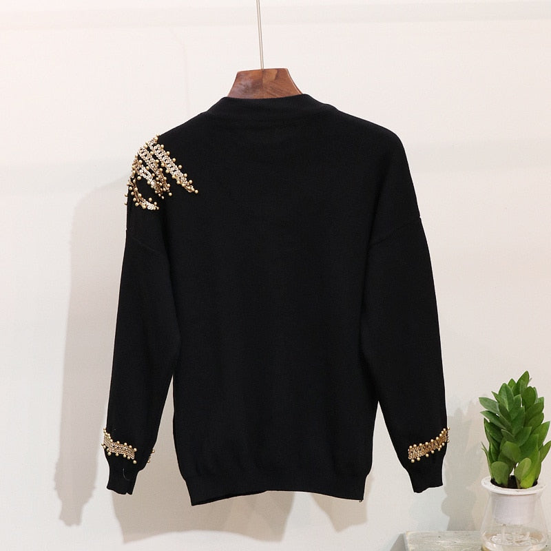 2020 Autumn Winter Knitted Women Tracksuit Sequins Beading Phoenix Long Sleeve Loose Sweater + Casual Pants Two Piece Set D1281