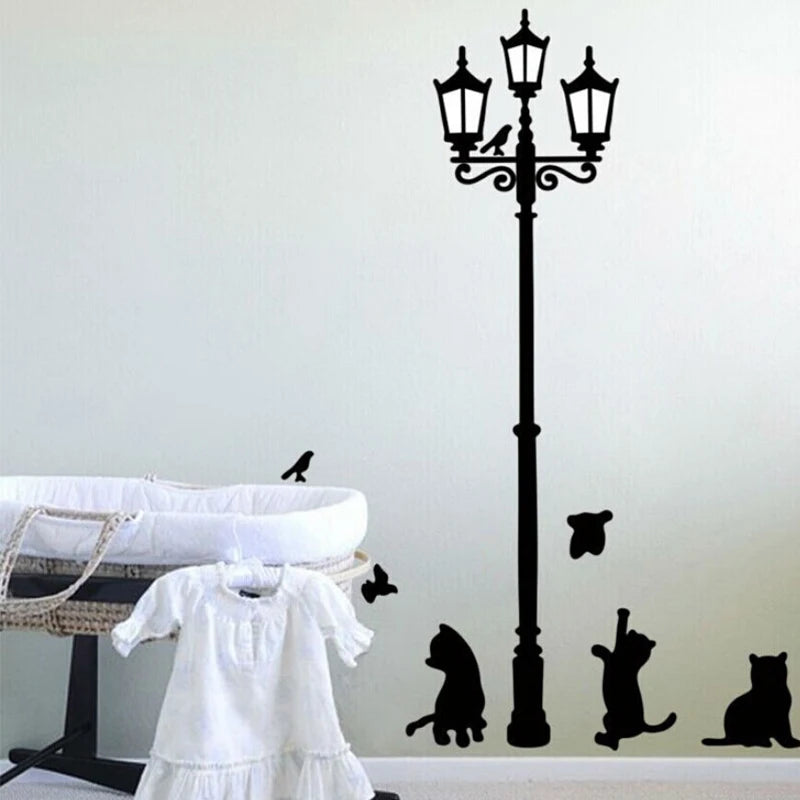 Creative DIY Popular Ancient Lamp Cats and Birds Wall Sticker Cartoon Wall Mural Home Decor Room Kids Decals Wallpaper