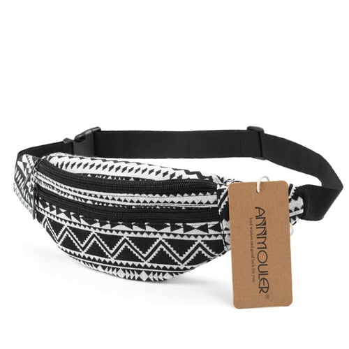 Annmouler New Women Fanny Pack 8 Colors Fabric Waist Packs Bohemian Style Waist Bag 2 Pocket Waist Belt Bag Travel Phone Pouch