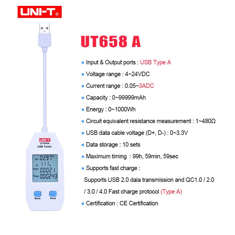USB Tester UNI-T UT658A/C/DUAL Voltage and Current Monitors Volt Ampere Digital Product Charger Capacity Meter with Data Storage