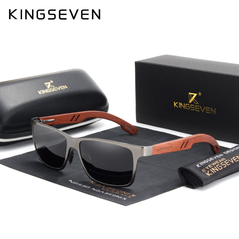 KINGSEVEN Designer Handmade Women Sunglasses Men Polarized Natural Bubinga Wooden+Aluminum Fashion Sun Glasses Square UV400