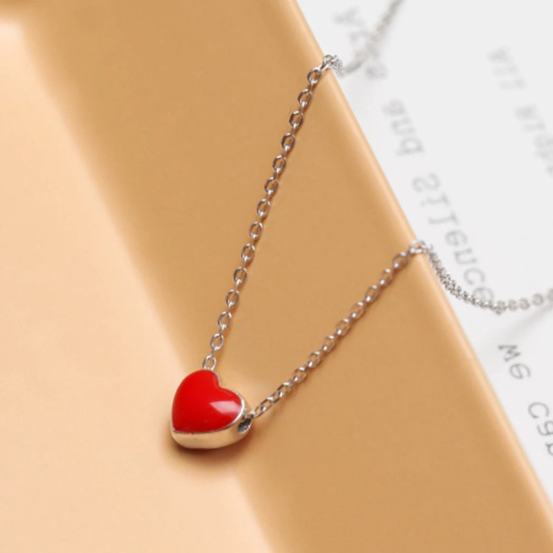 925 silver Needle Earrings+necklace for Women Jewelry Sets Cute Tiny Red Glaze Heart Stud Earrings For Girls Kids Lady Gift