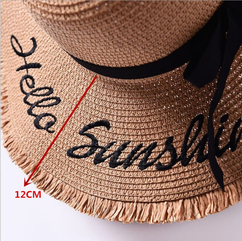 Handmade Weave letter Sun Hats For Women Black Ribbon Lace Up Large Brim Straw Hat Outdoor Beach hat Summer Caps Chapeu Feminino