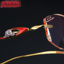 Chashma Quality Pure Titanium Glasses Women Rimless Frame Tint Lenses Diamond Rhinestone Glass Engraved with Flower