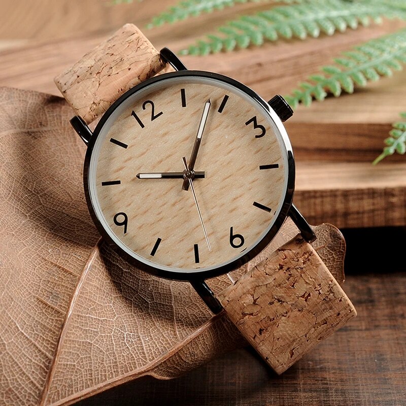 BOBO BIRD Mens Watches Wood Grain Dial Stainless Steel Case Quartz Watch with Soft Cork Bandfor Men as Gift Item