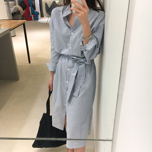 Colorfaith DR1800 2023 Striped Cotton and Linen Shirt Dress Lace Up Women Spring Summer Elegant Korean Fashion Lady Long Dresses