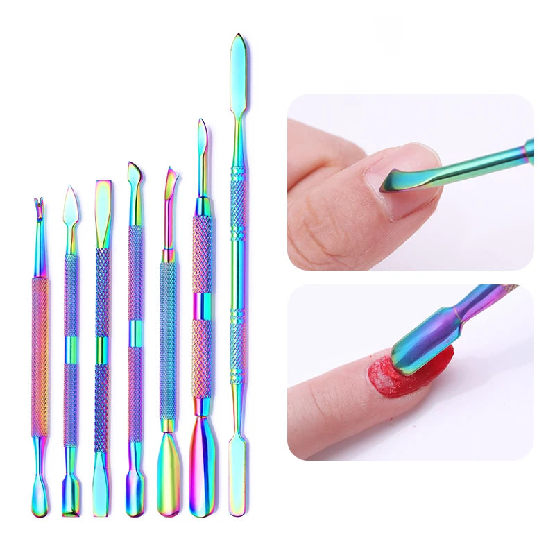 LILYCUTE Dual-ended Nail Cuticle Pusher Colorful Stainless Steel Iridescent Cuticle Dead Skin Remover UV Gel Nail Tools